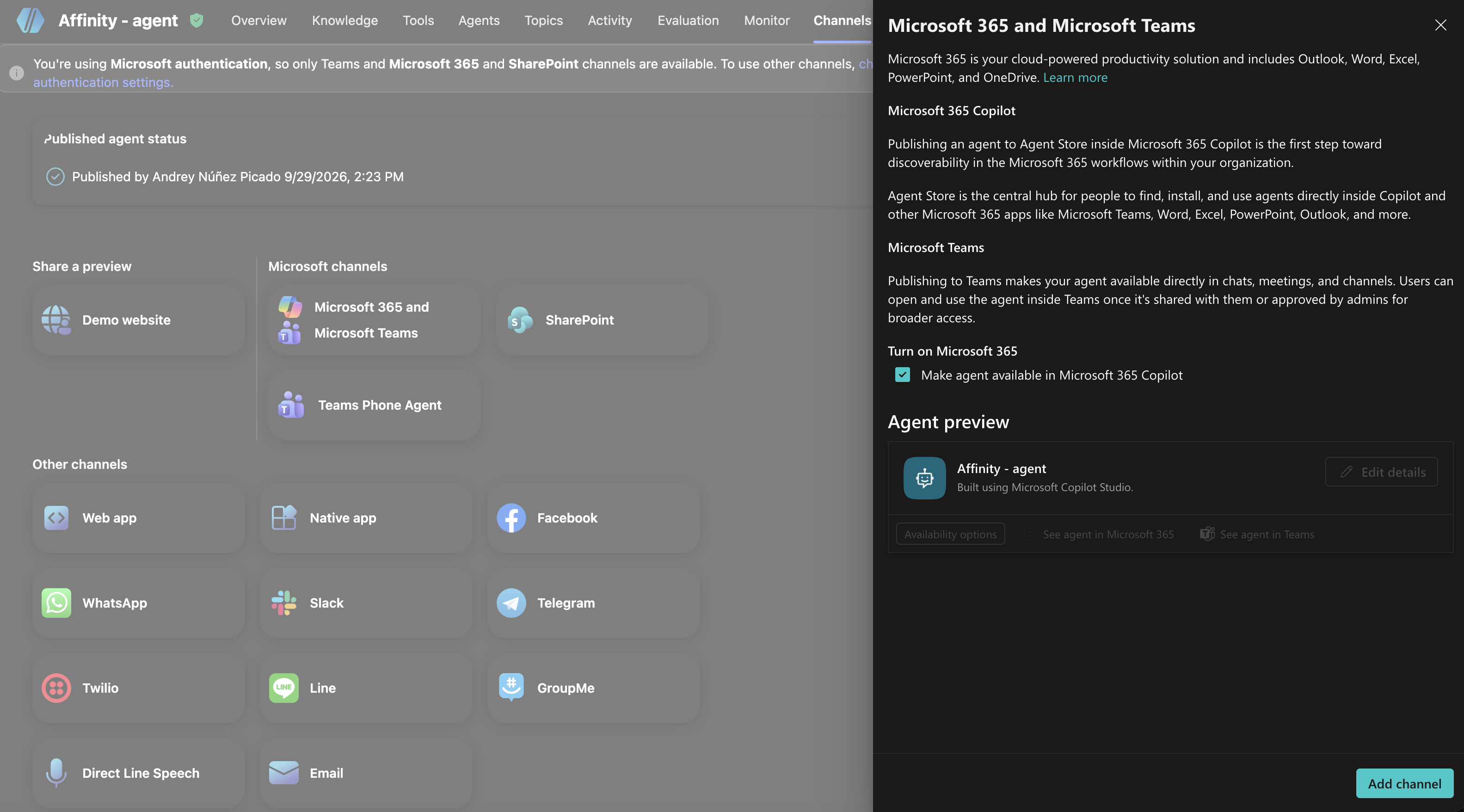 Microsoft 365 and Microsoft Teams channel panel showing agent preview with See agent in Microsoft 365 and See agent in Teams buttons