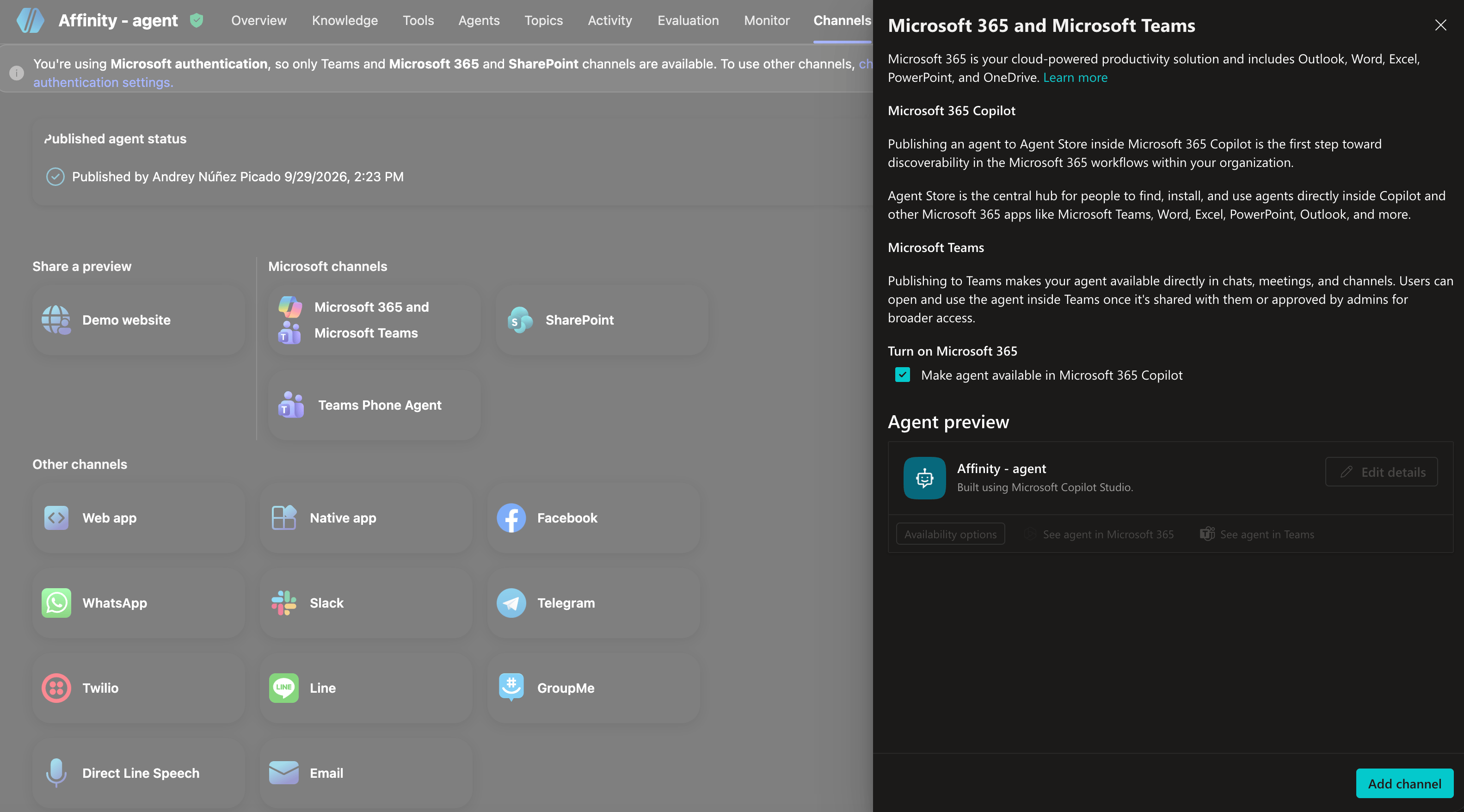 Microsoft 365 and Microsoft Teams channel panel showing agent preview with See agent in Microsoft 365 and See agent in Teams buttons