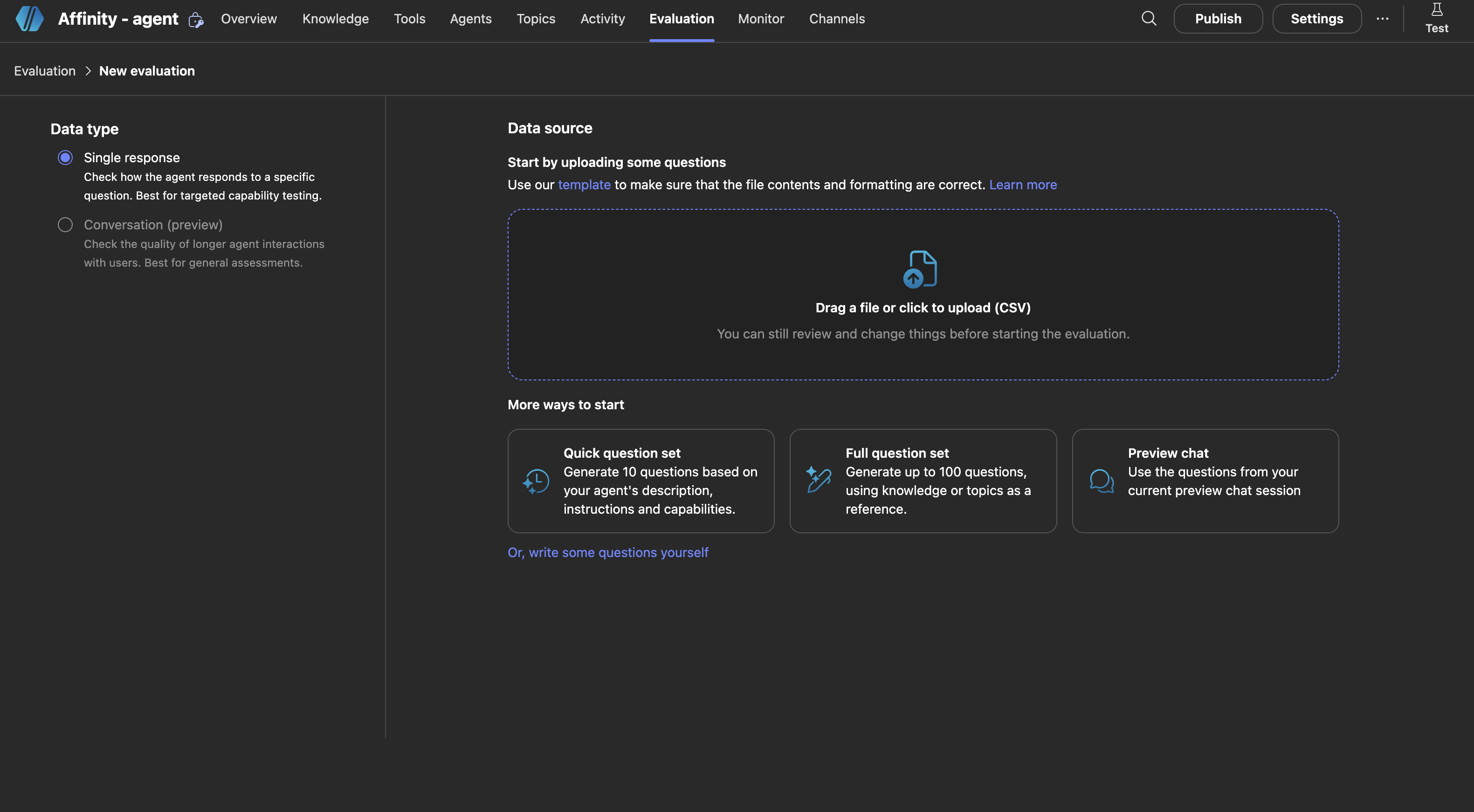 New evaluation page in Copilot Studio showing Single response data type and data source options