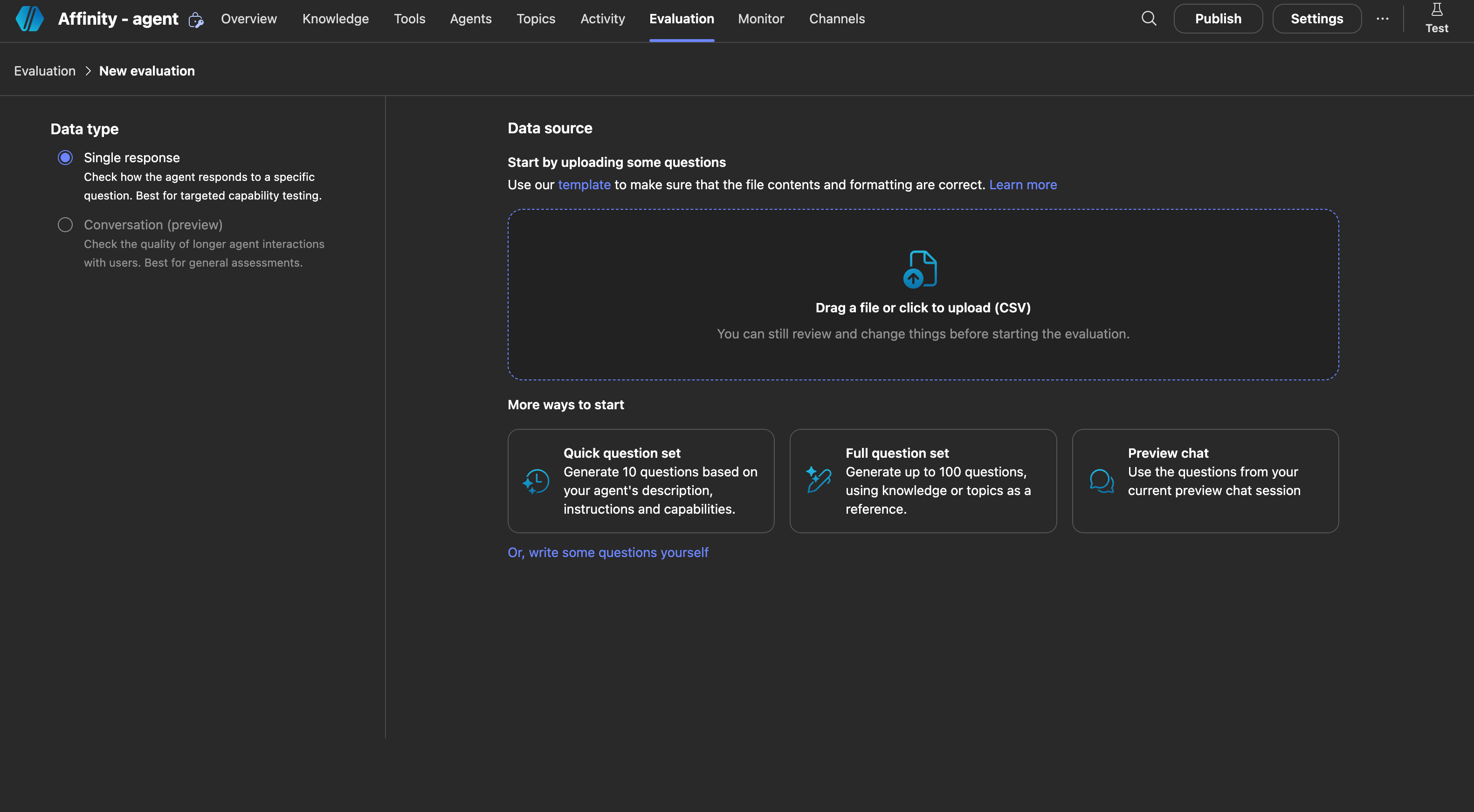 New evaluation page in Copilot Studio showing Single response data type and data source options