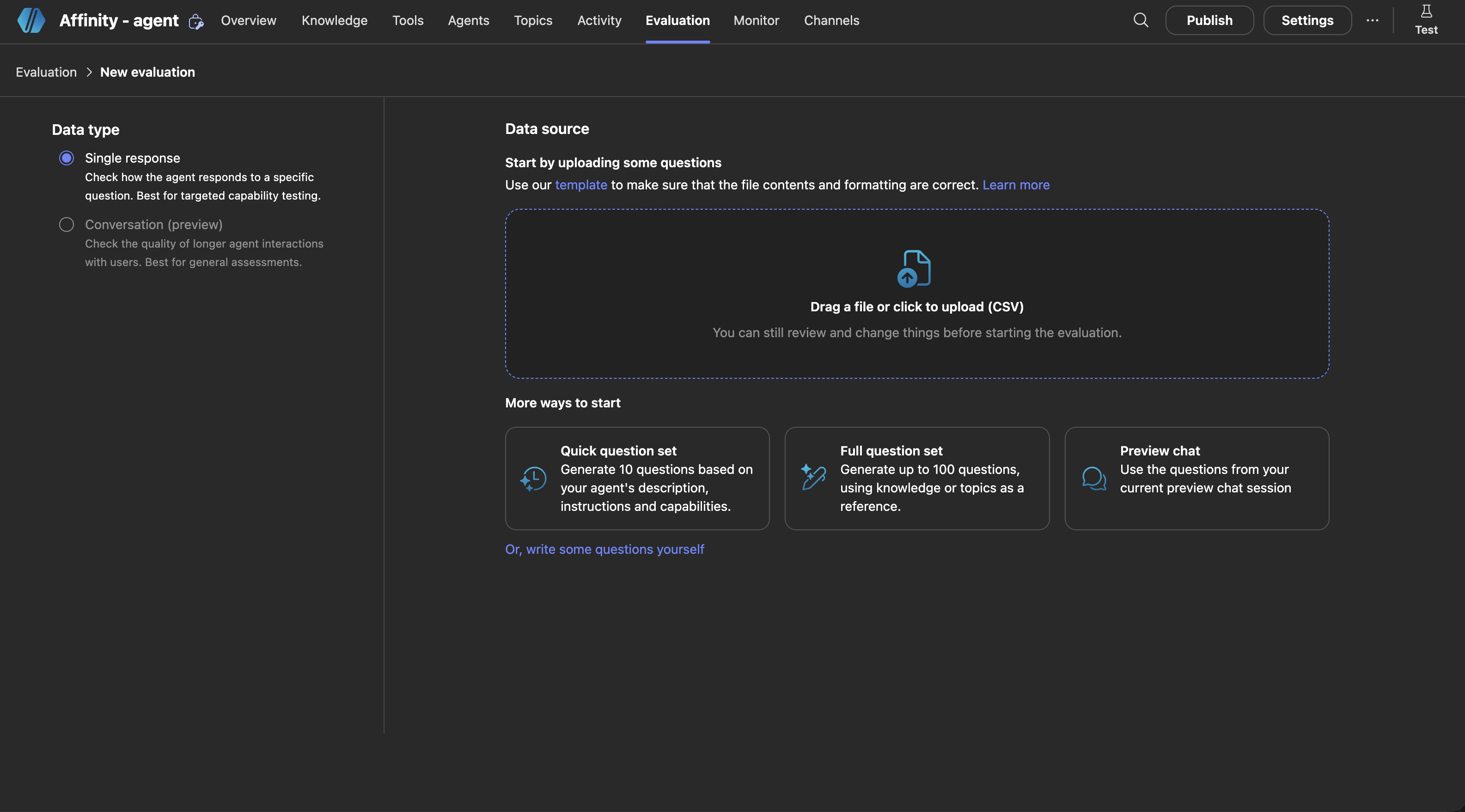 New evaluation page showing Quick question set option under More ways to start