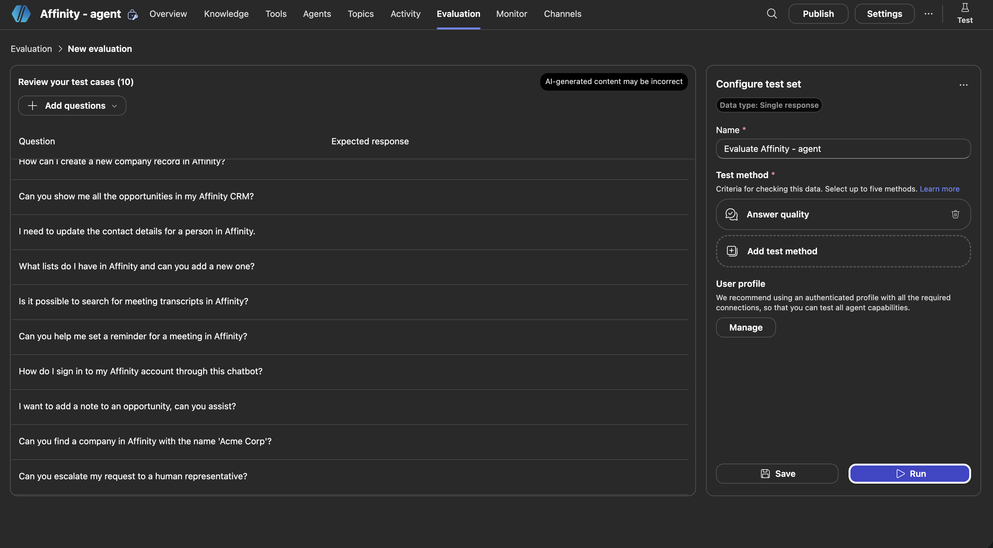 Review your test cases page showing 10 questions about Affinity CRM with Configure test set panel and Run button