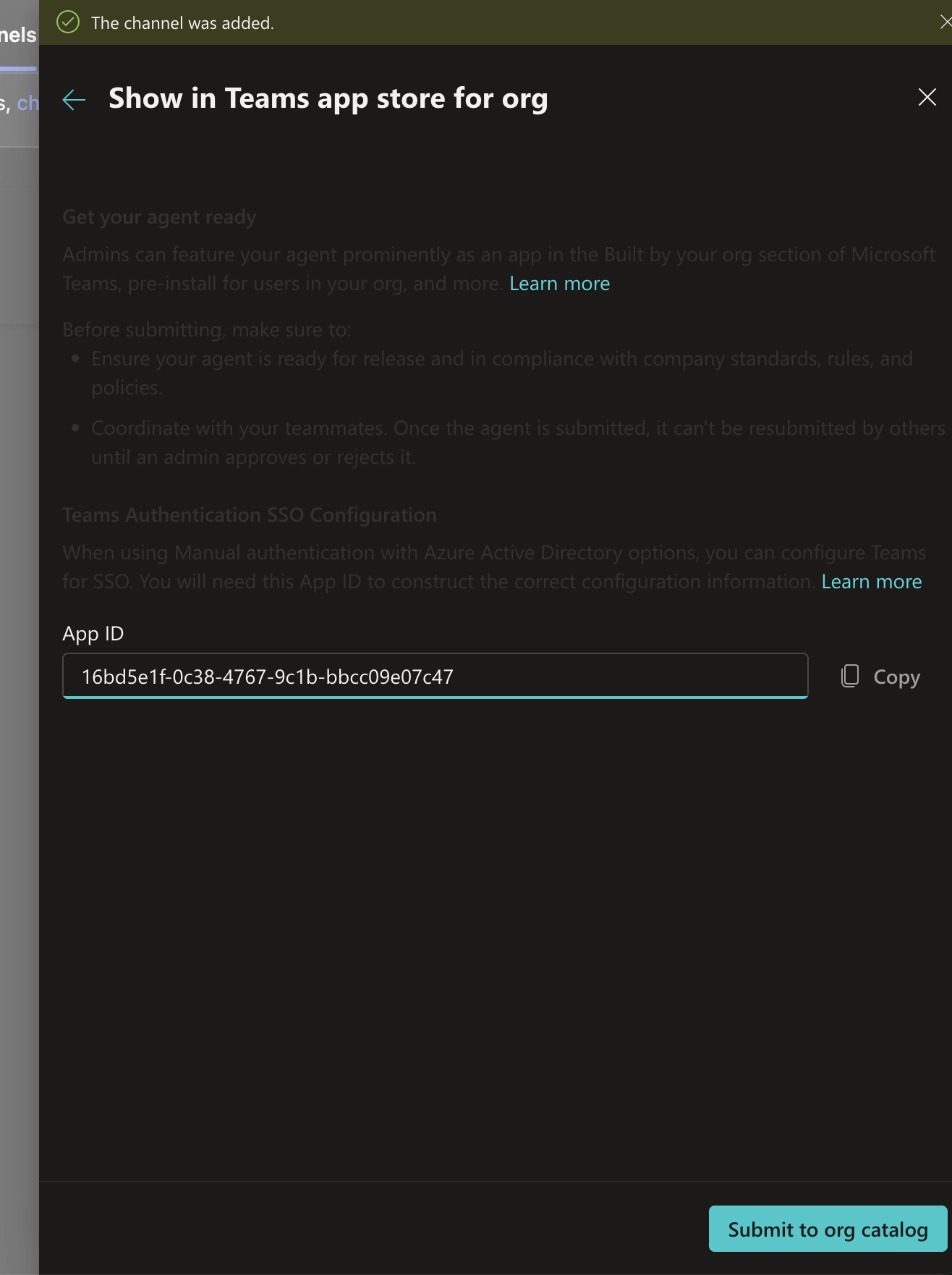 Show in Teams app store for org dialog showing pre-submission checklist and Submit to org catalog button