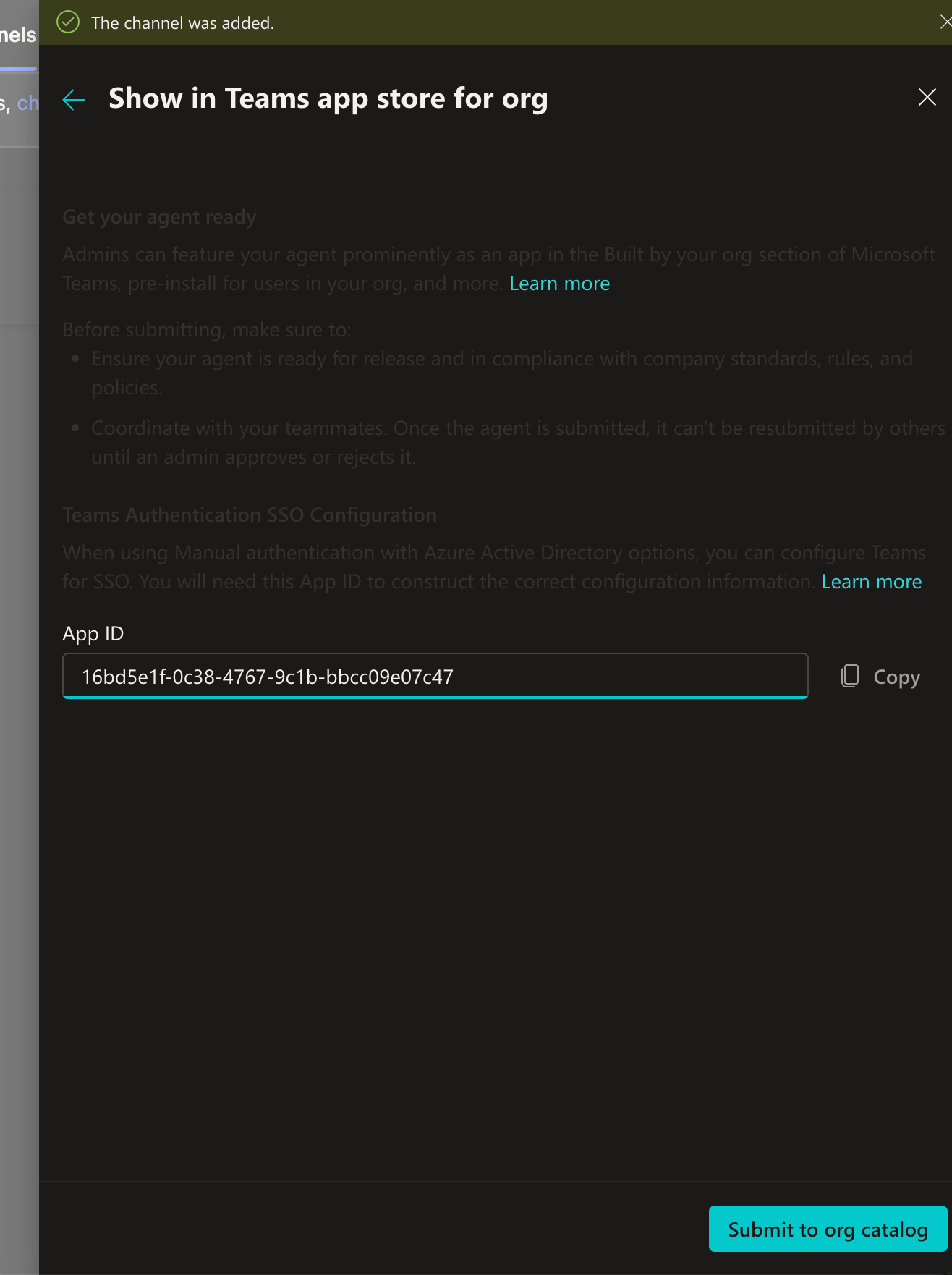 Show in Teams app store for org dialog showing pre-submission checklist and Submit to org catalog button