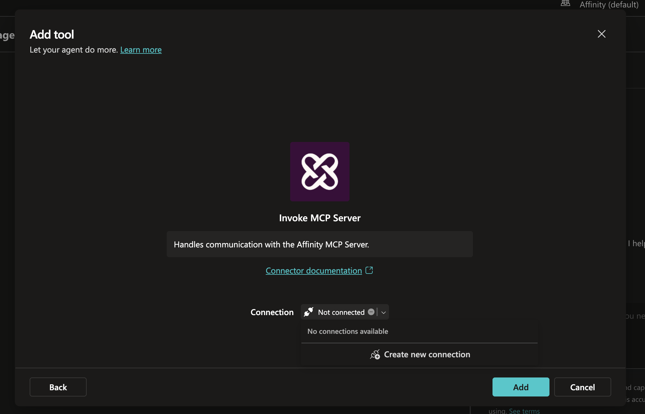 Add tool dialog in Copilot Studio showing Not connected state with Create new connection option