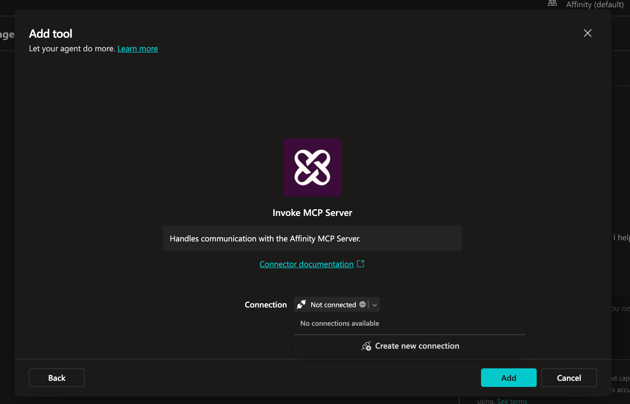 Add tool dialog in Copilot Studio showing Not connected state with Create new connection option