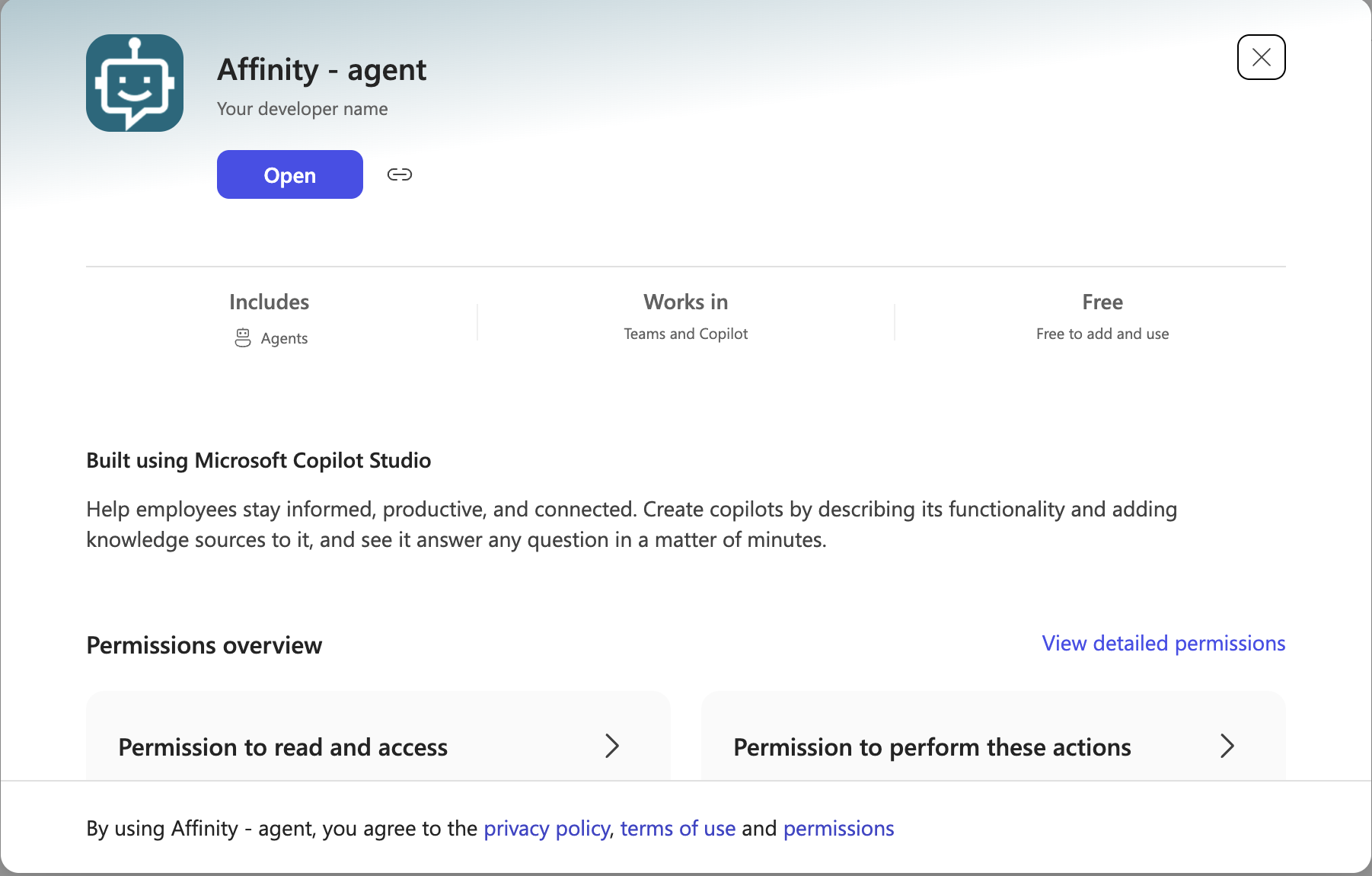 Affinity - agent tile in Teams showing Open button, works in Teams and Copilot, and permissions overview