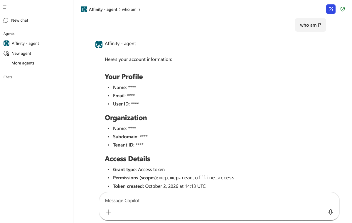 Microsoft Teams chat with Affinity - agent showing profile, organization, and access details in response to who am i