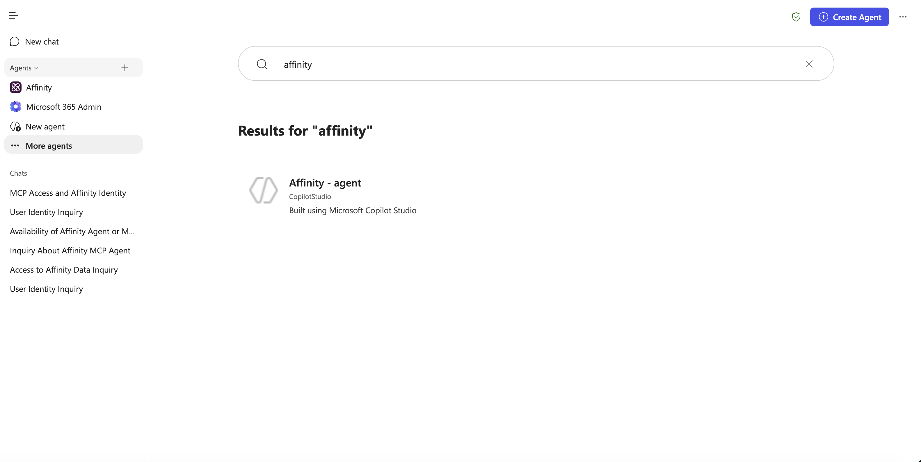 Microsoft Teams More agents search showing Affinity - agent result built using Microsoft Copilot Studio