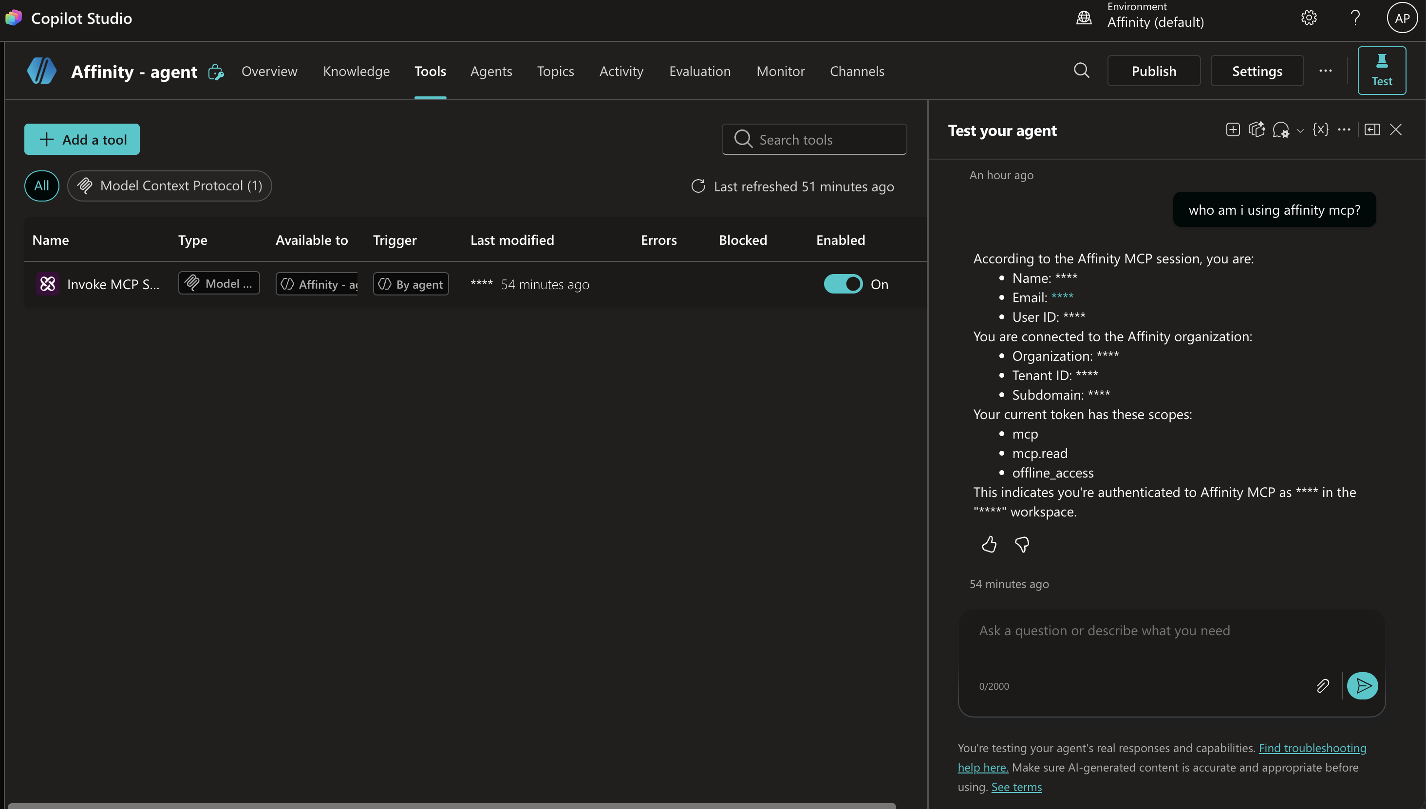 Copilot Studio Test your agent panel showing who am i query returning Affinity user data