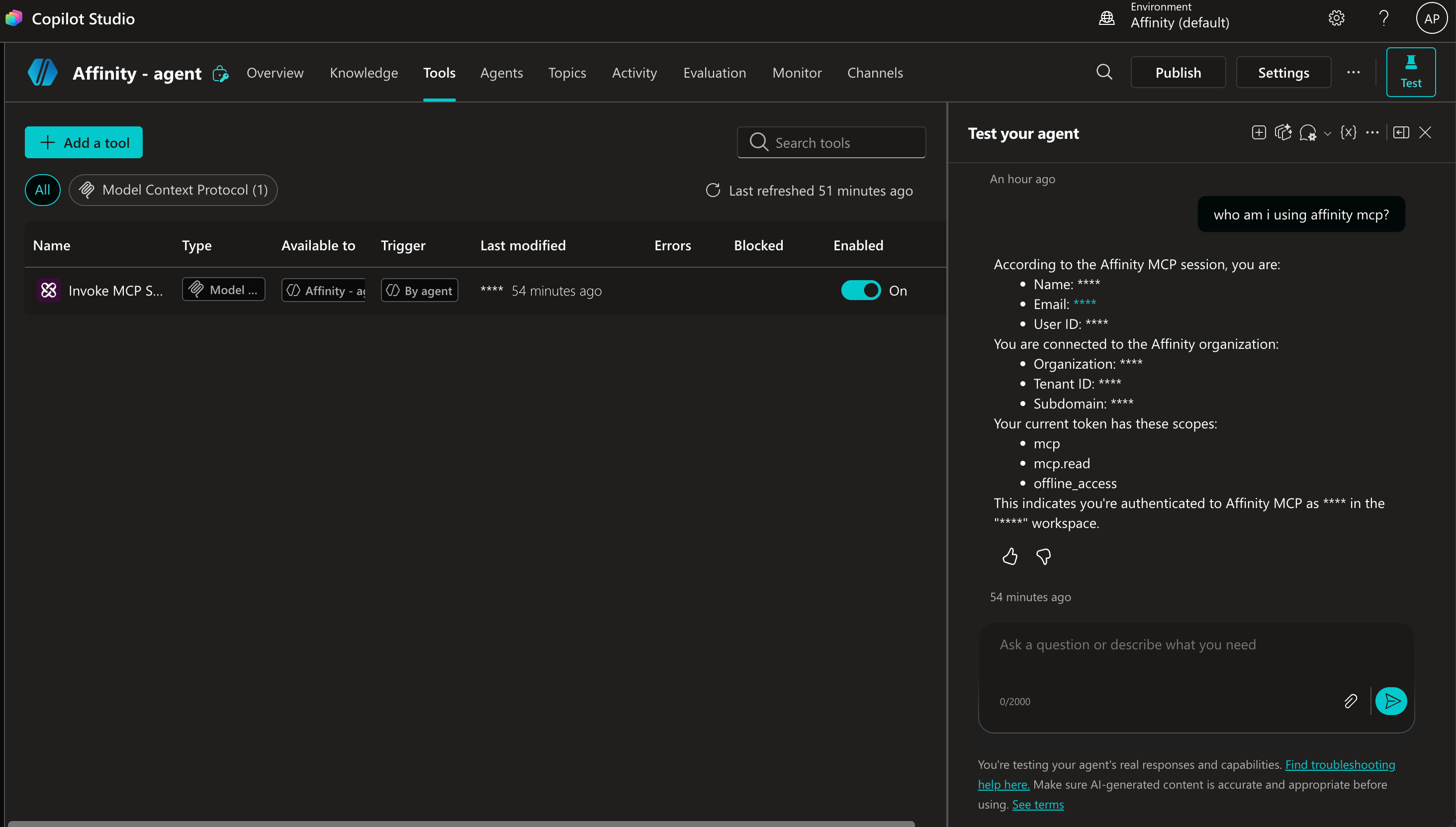 Copilot Studio Test your agent panel showing who am i query returning Affinity user data