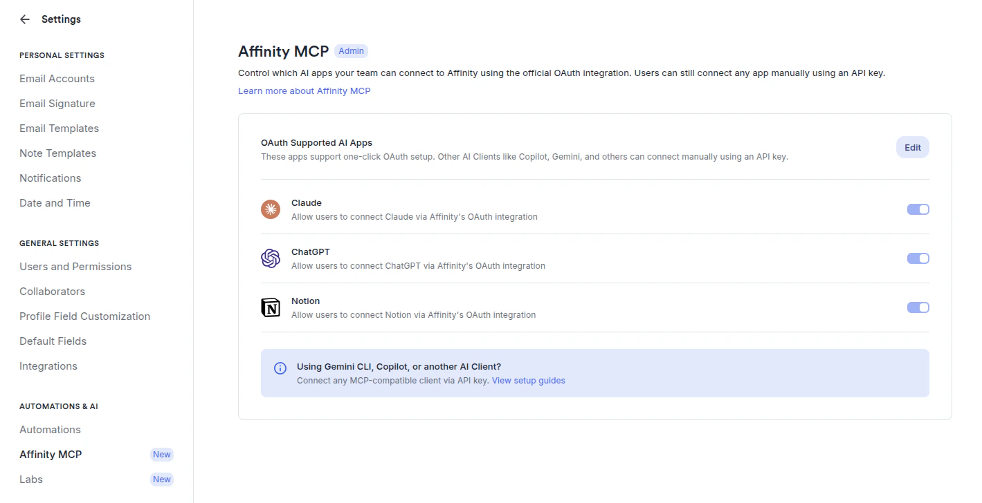 MCP Settings page showing connected OAuth clients