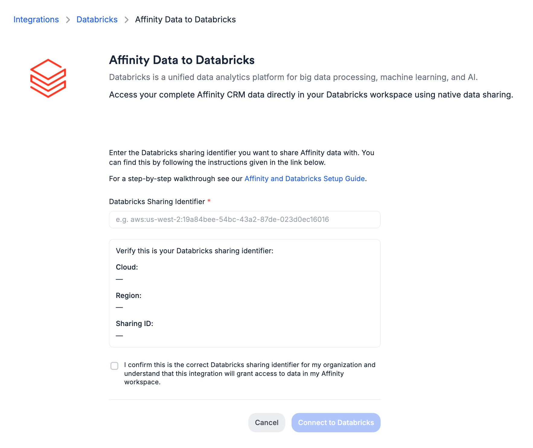 Affinity Data to Databricks configuration form with the Databricks Sharing Identifier field and the Cloud, Region, and Sharing ID verification panel