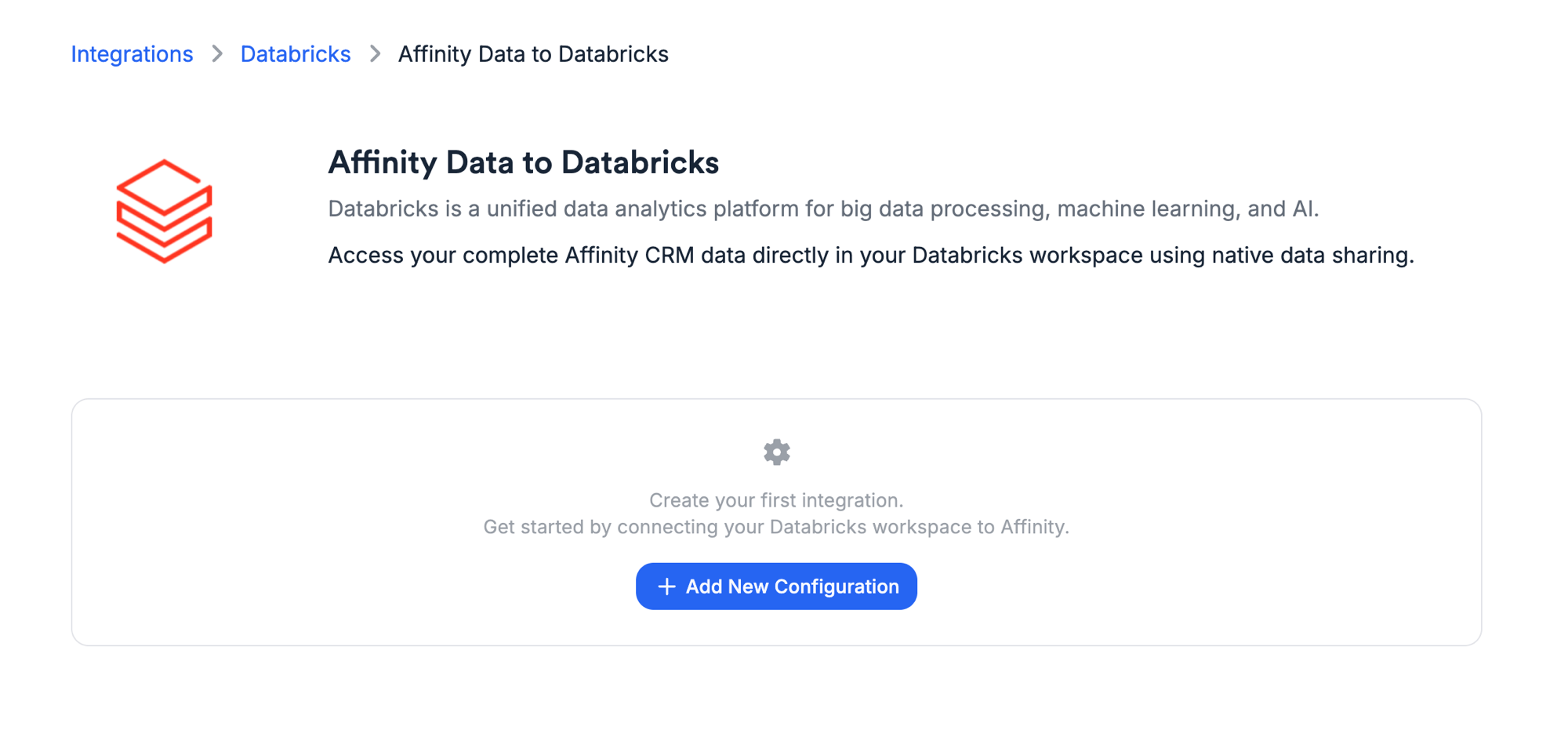 Affinity Data to Databricks page showing the empty state and the Add New Configuration button