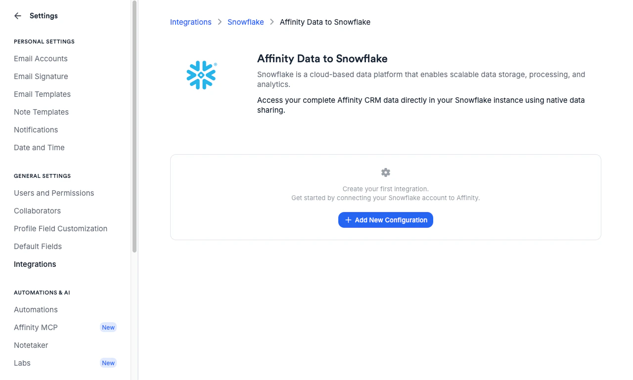 Affinity Data to Snowflake page showing the Add New Configuration button