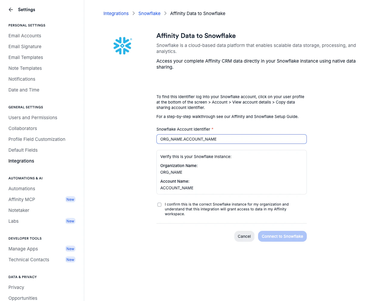 Configuration form showing the account identifier field and verification panel