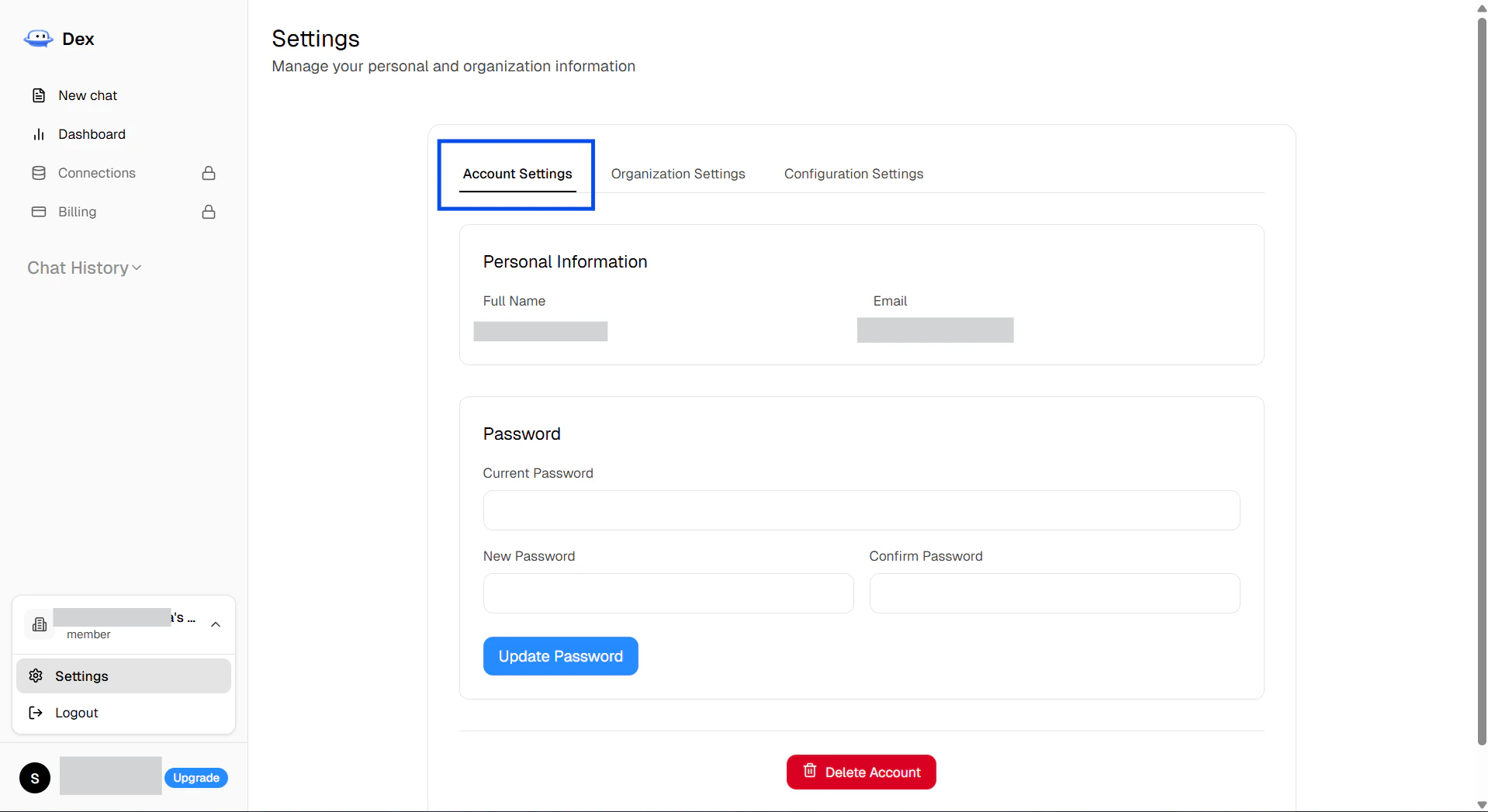 Account settings personal information section
