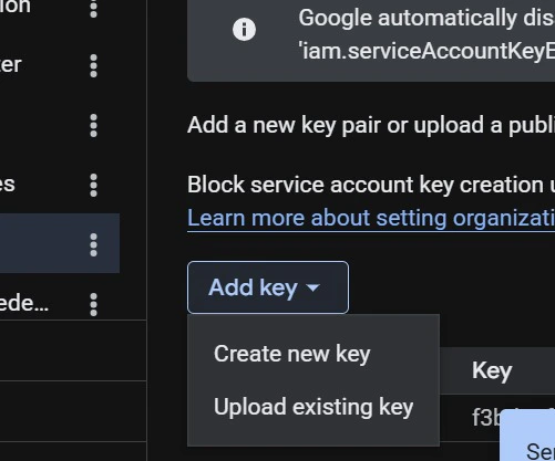 BigQuery add key menu