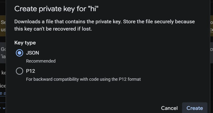 BigQuery JSON key download dialog
