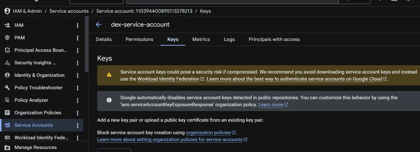 BigQuery service account keys tab