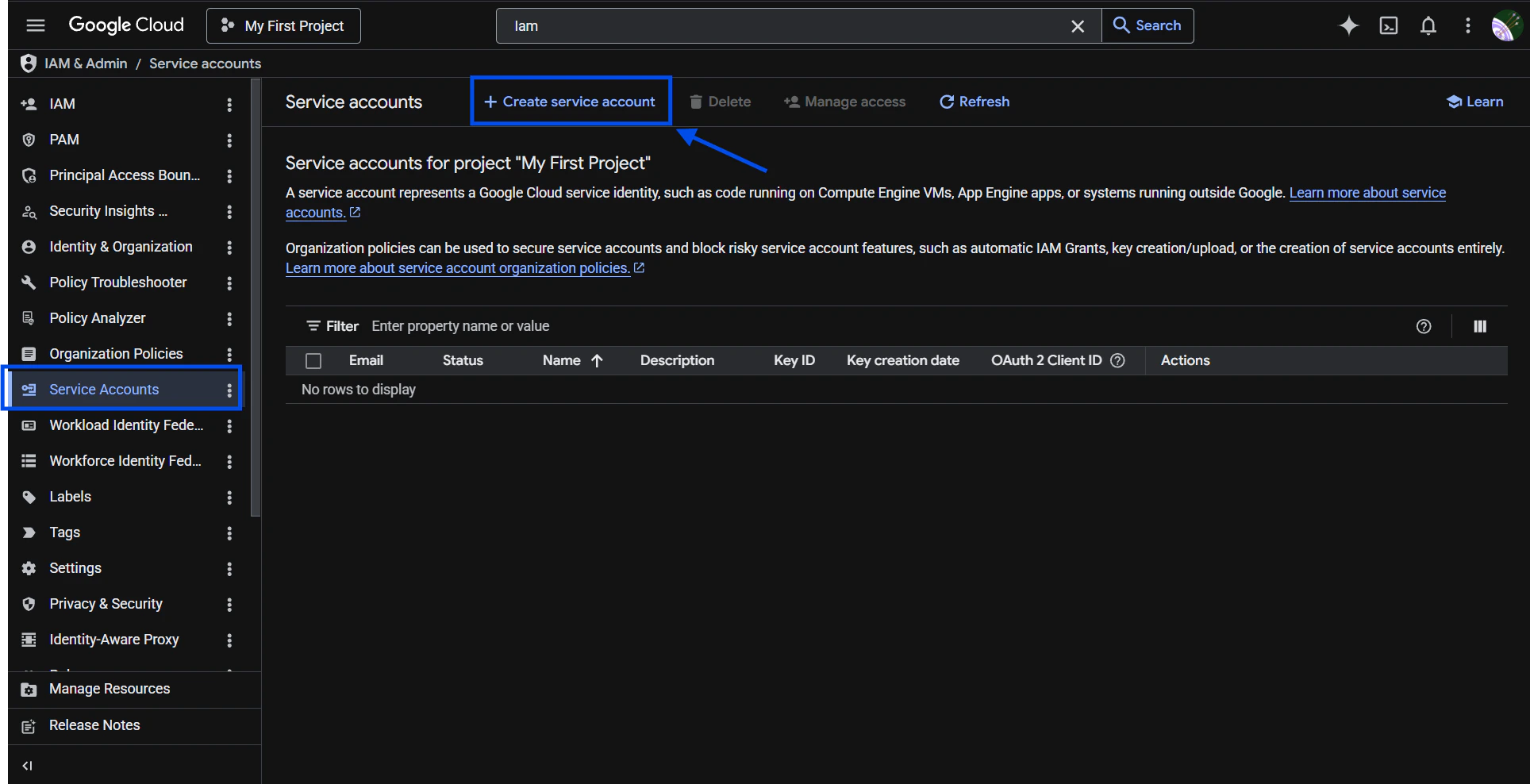 BigQuery create service account screen