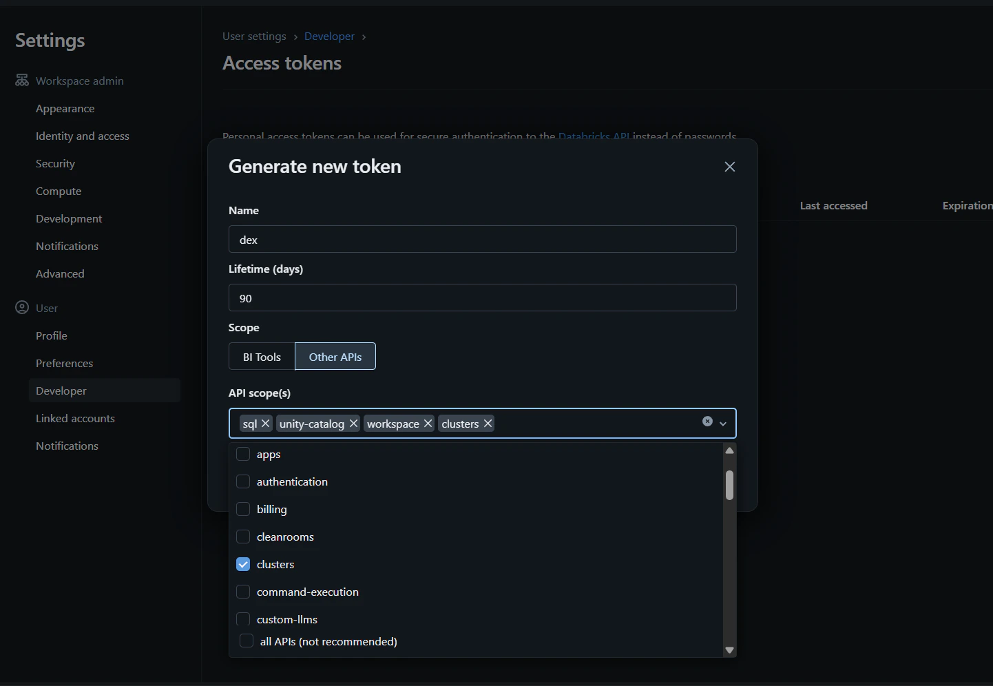 Databricks generate token form with name, lifetime, and scope options