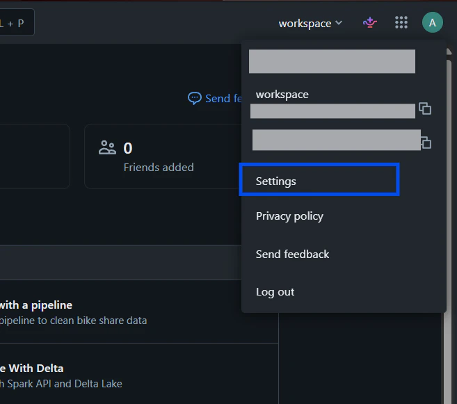 Databricks user avatar menu and Settings
