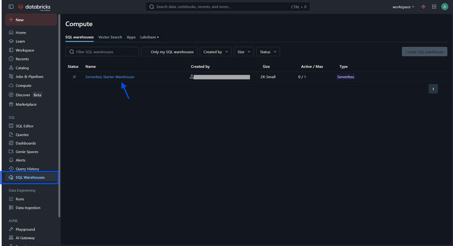 Databricks SQL Warehouses list