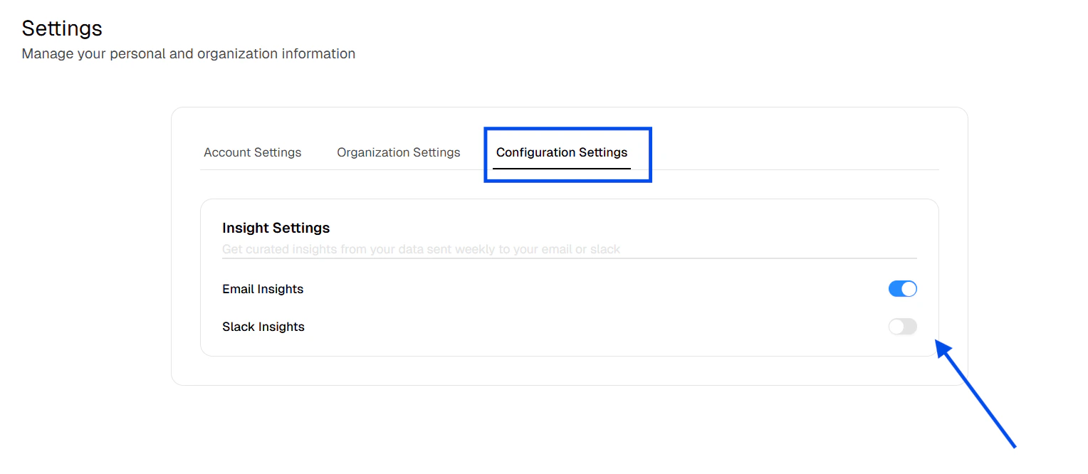 Insight settings card with email and Slack toggles
