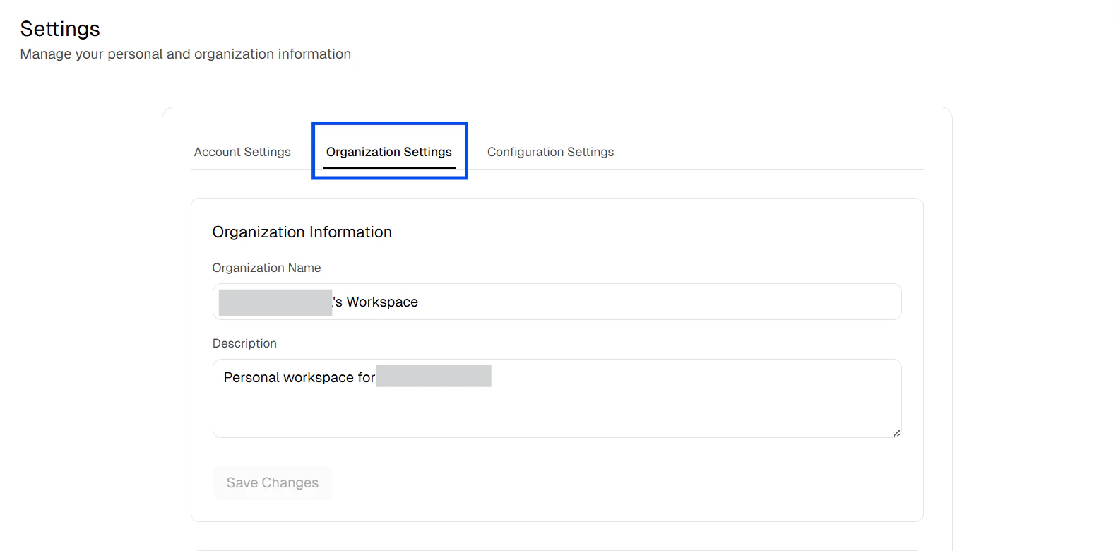 Organization settings tab
