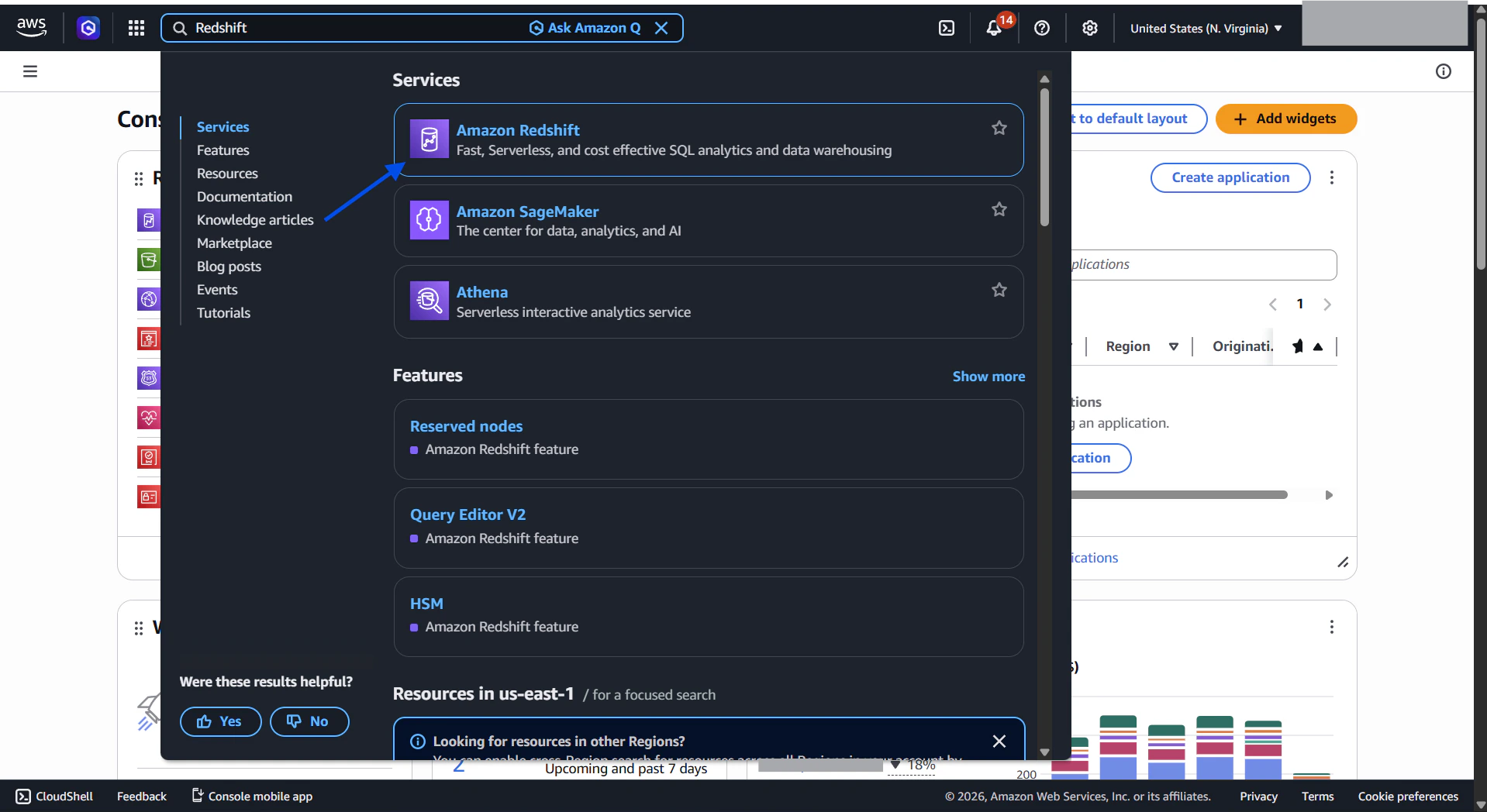 AWS Console with Redshift search