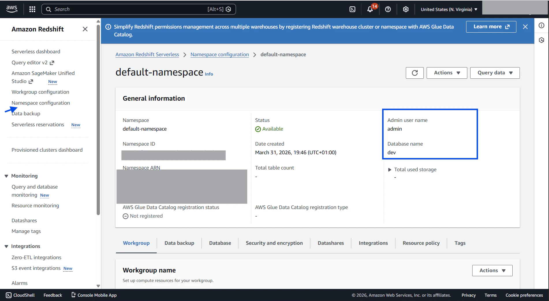 Redshift namespace configuration page showing database and username