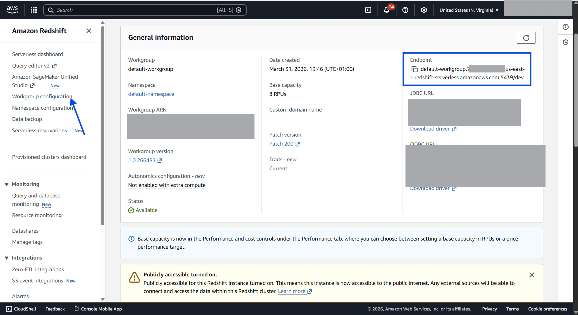 Redshift workgroup configuration showing endpoint