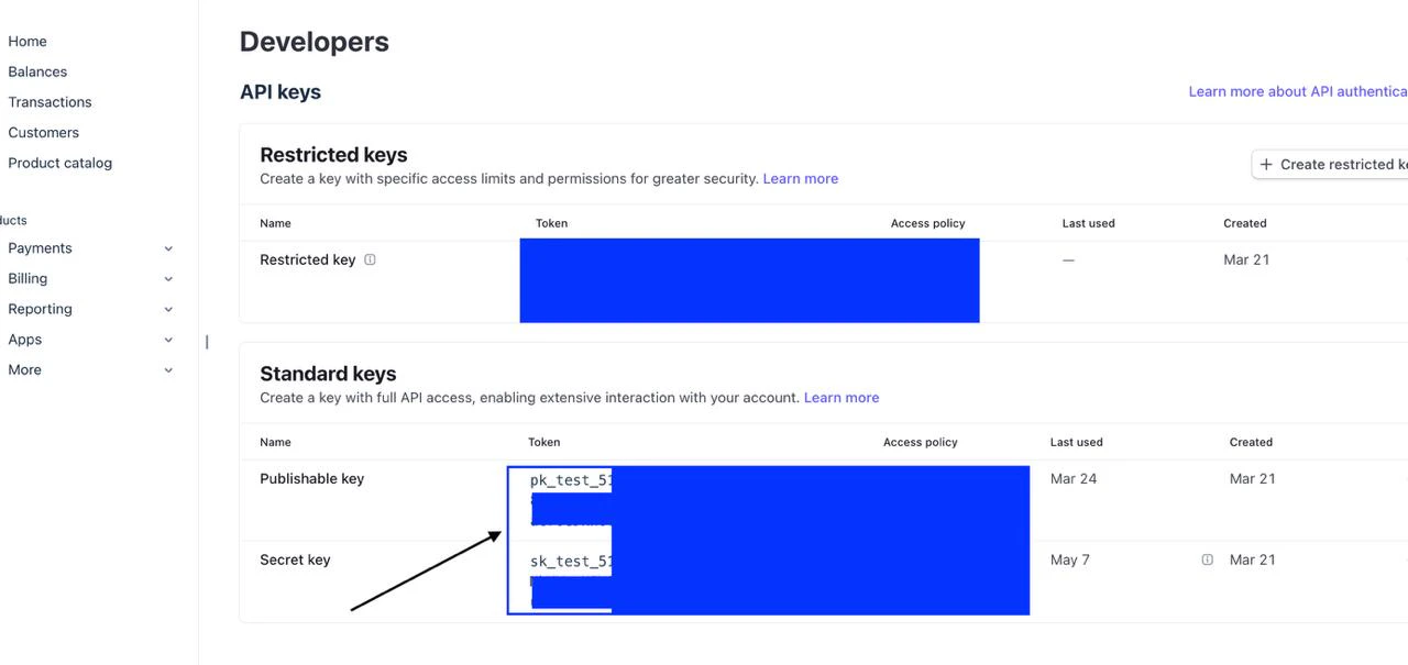 Stripe API keys list with copy secret key button