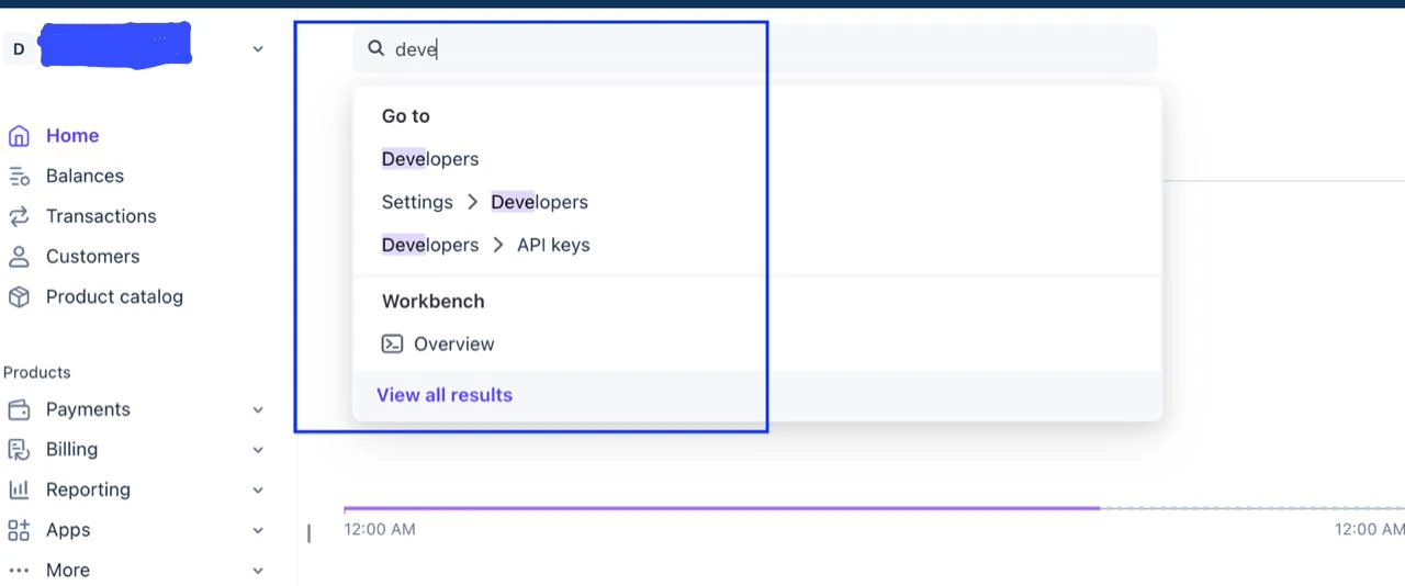 Stripe dashboard Developers menu