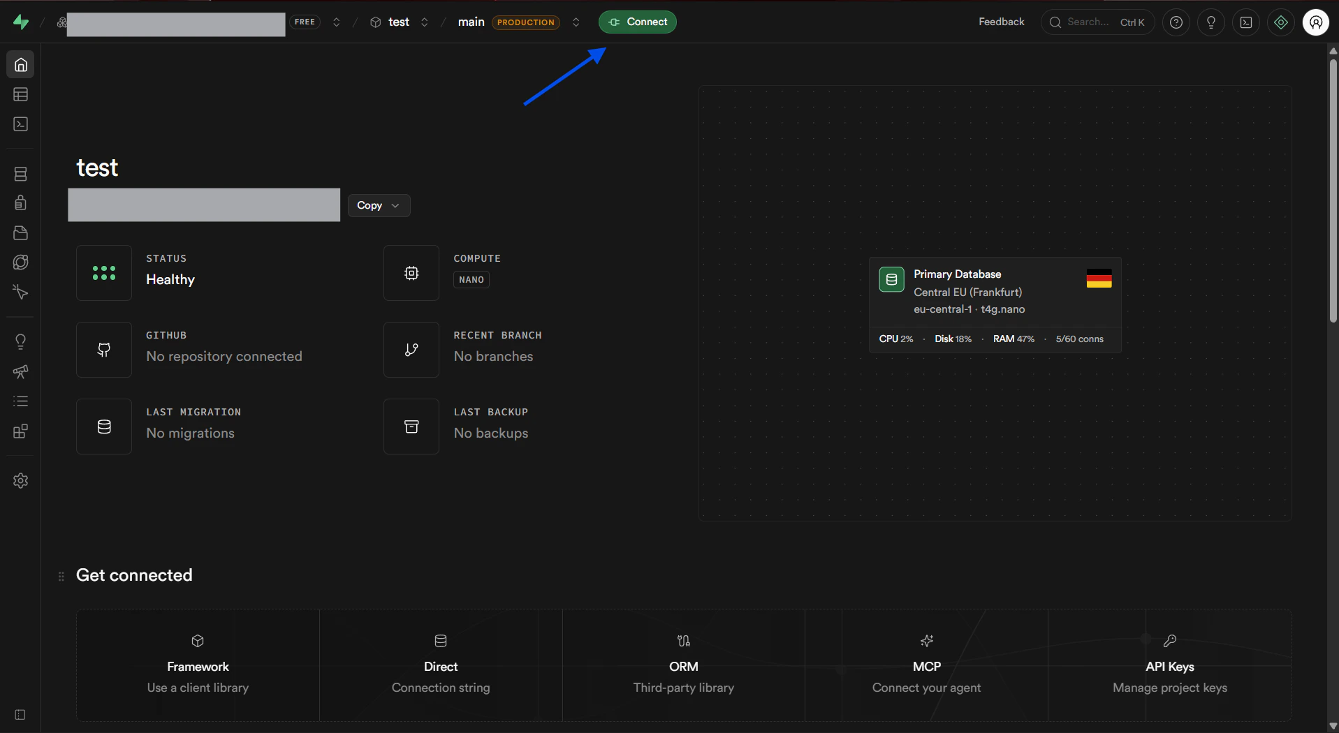 Supabase project dashboard top bar with Connect button