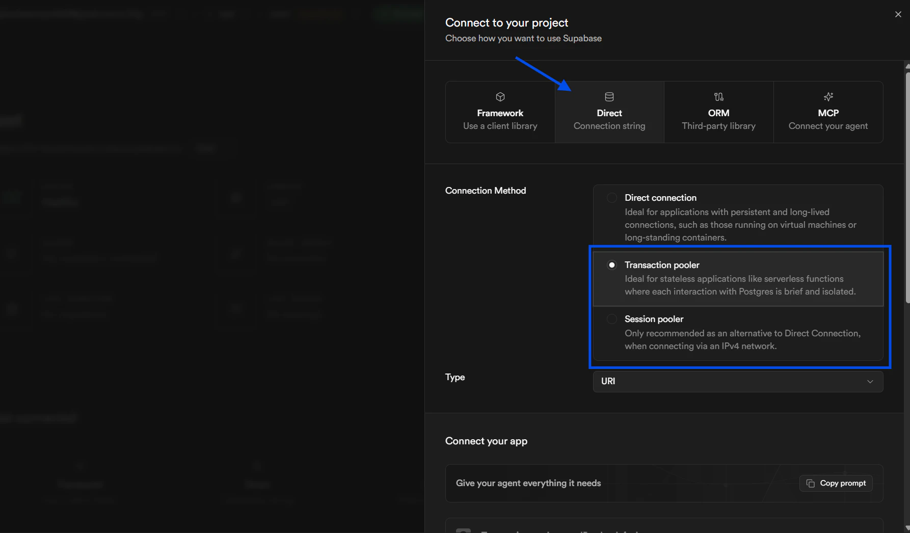 Supabase connect dialog showing Direct and transaction or session pooler options