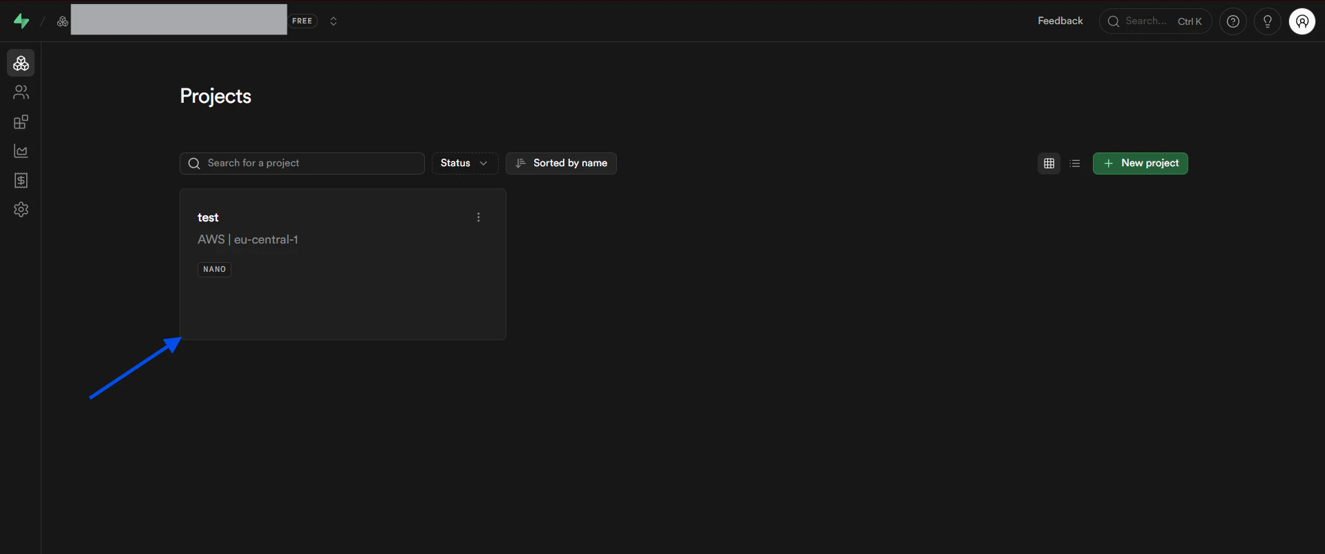 Supabase dashboard showing project selection