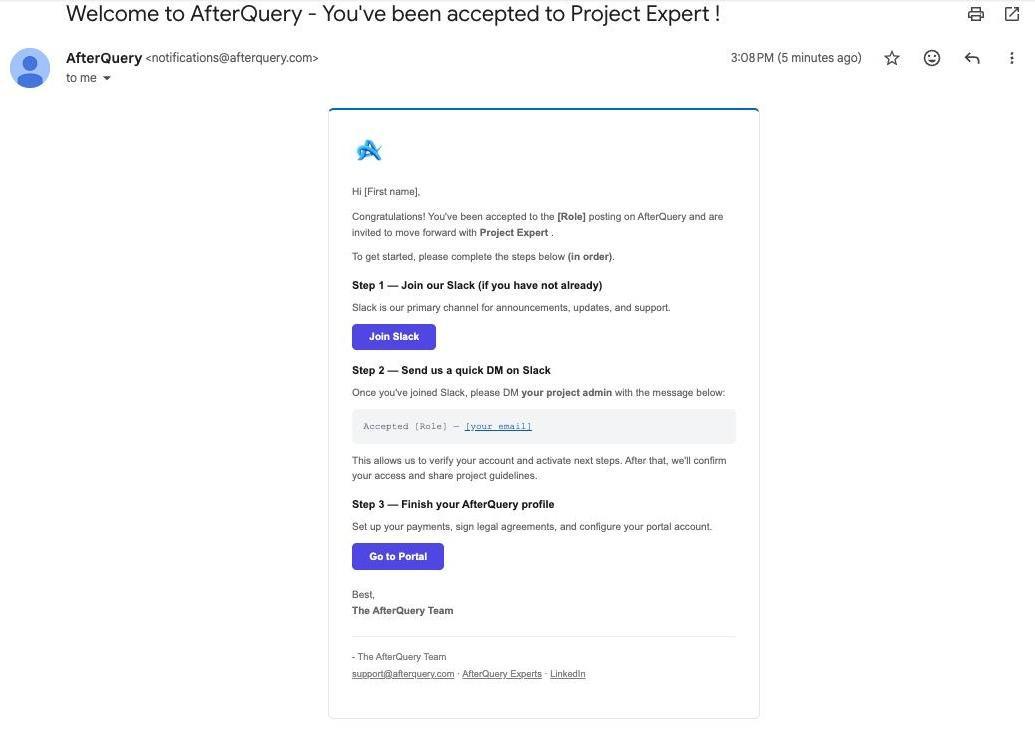 Example acceptance email from notifications@afterquery.com listing next steps