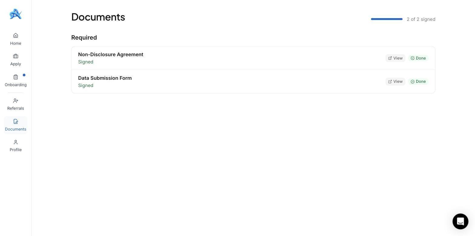 Documents page showing both agreements signed, 2 of 2