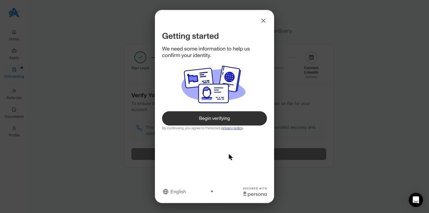 Persona Getting started window with a Begin verifying button and a language selector