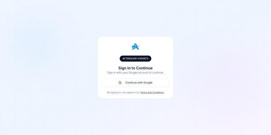AfterQuery Experts sign-in screen with a Continue with Google button