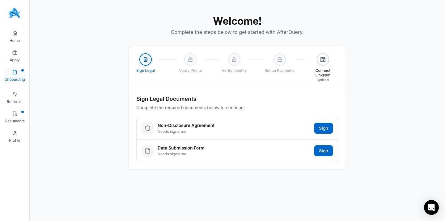 Onboarding progress bar on Sign Legal, with the Non-Disclosure Agreement and Data Submission Form each showing a Sign button