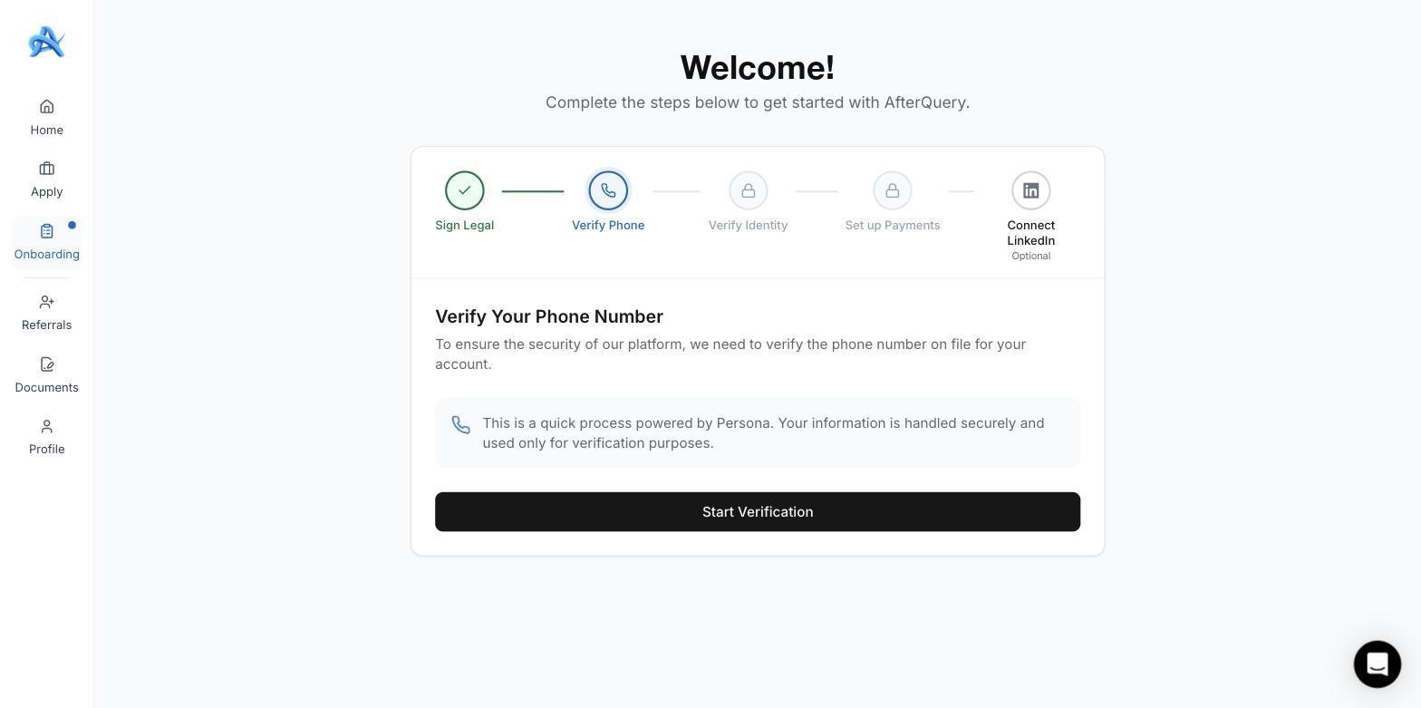 Verify Your Phone Number card with a Start Verification button