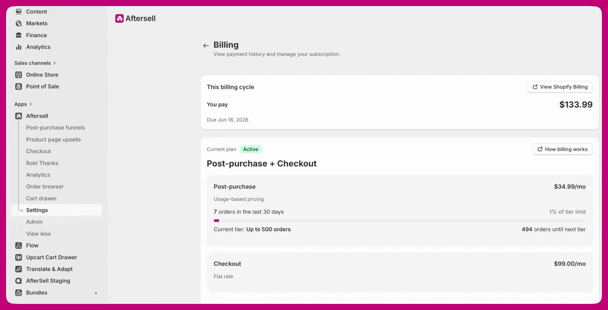 Aftersell Billing page showing amount due, current plan, and payment history