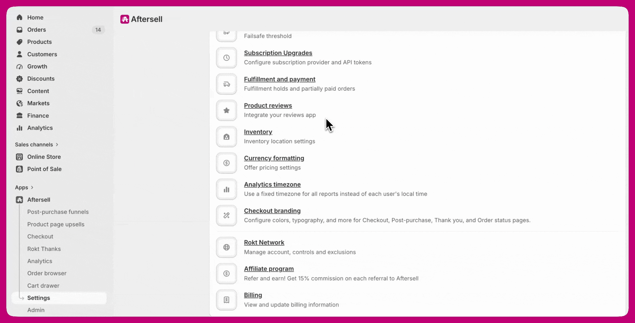 Aftersell Billing page comparing Post-purchase, Checkout, and combined plan options