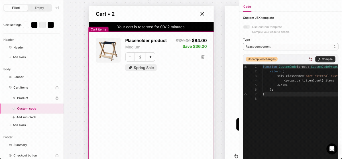 Animated preview of adding and turning on a Custom code block in the Aftersell Cart editor