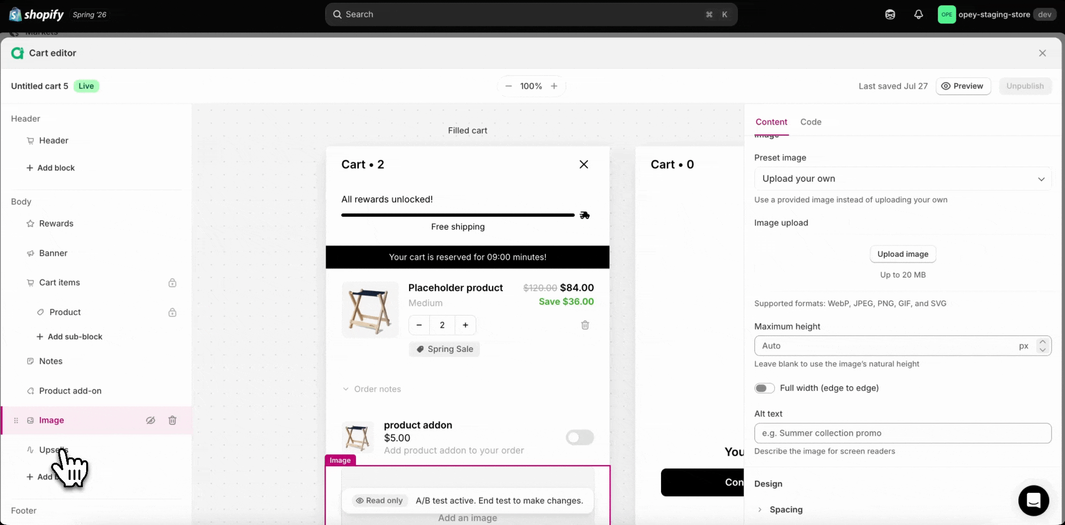 Animated preview of the per-block Design settings panel in the cart editor