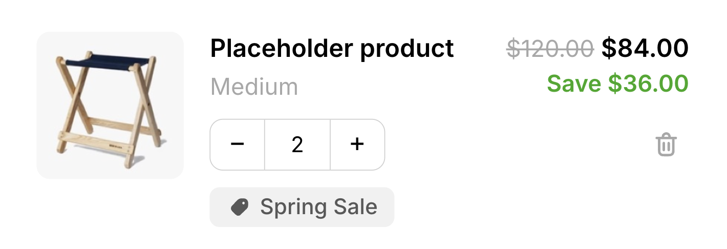 Cart items block showing line items with product image, title, variant, price, quantity stepper, and remove control