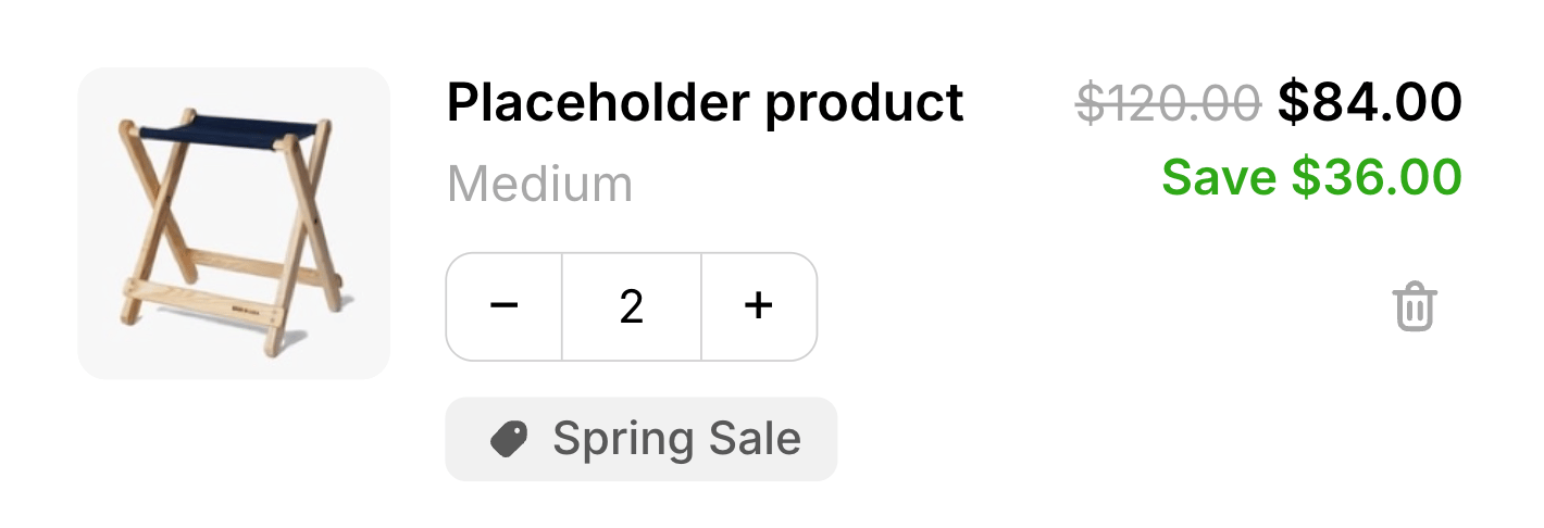 Cart items block showing line items with product image, title, variant, price, quantity stepper, and remove control